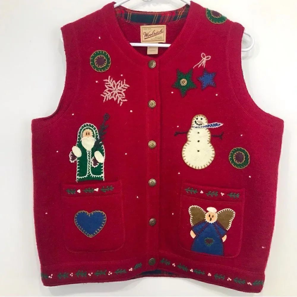 Woolrich Red 100% Wool Holiday Theme Vintage Button Up Christmas Winter Vest
